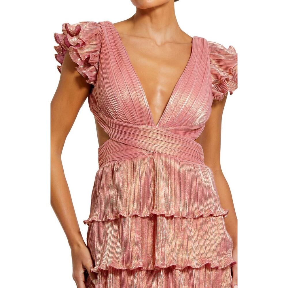 MAC DUGGAL Coral Pink Gold Ruffle Tiered Criss Cross Lace Up Back Gown Dress 2 - Picture 6 of 16